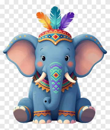Cartoon Elephant With Colorful Feathers PNG