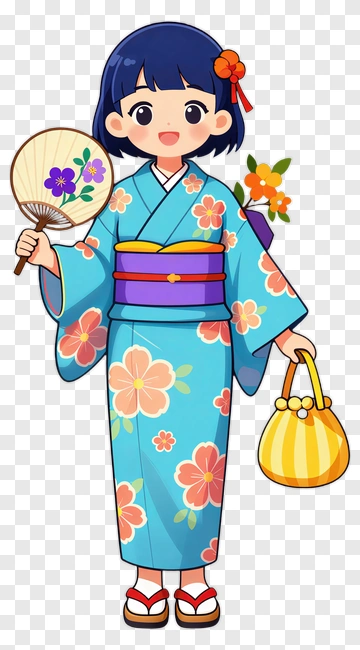 Girl In Kimono Holding A Fan And Bag PNG