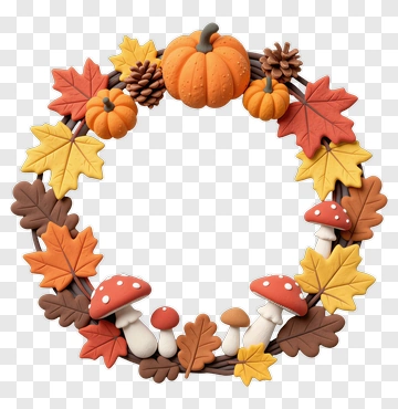 Colorful Autumn Wreath With Pumpkins And Mushrooms PNG