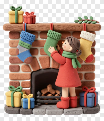 Girl Hanging Stockings On A Christmas Fireplace PNG