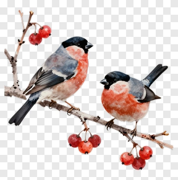 Watercolor Bullfinches On A Branch PNG
