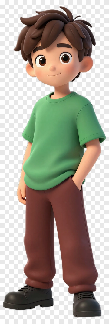 Cartoon Boy In Green Shirt And Brown Pants PNG