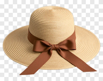 Wide Brim Straw Hat With Brown Ribbon PNG