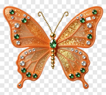 Orange Butterfly With Green Gems PNG