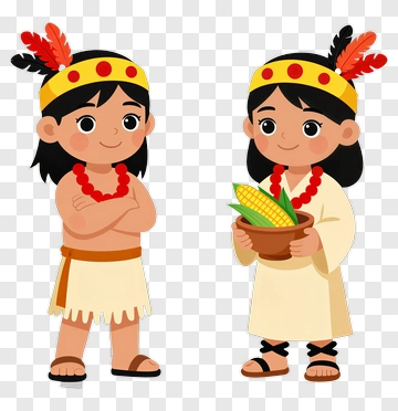 Cartoon Children In Traditional Attire Holding Corn PNG