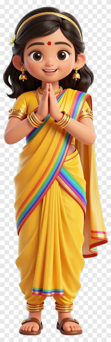 Cartoon Girl In Yellow Saree With Colorful Border PNG