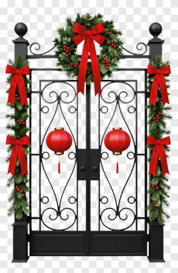 Christmas Gate With Red Bows And Lanterns PNG