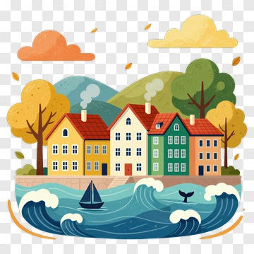 Colorful Coastal Village With Houses And Ocean Waves PNG