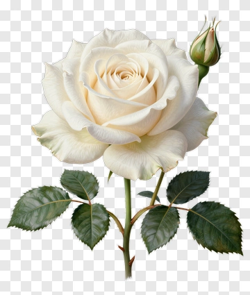 White Rose With Bud And Green Leaves PNG