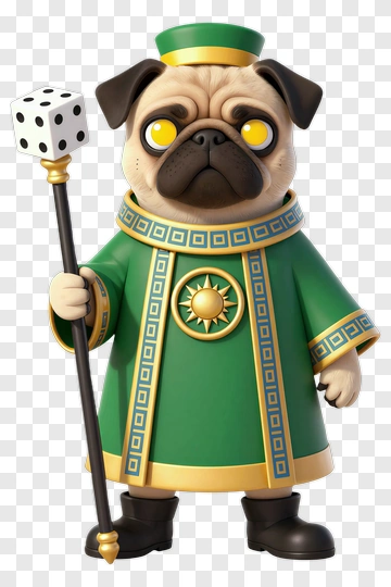 3D Pug Wearing A Green Robe Holding A Dice PNG