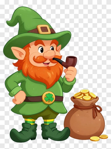 Cartoon Leprechaun Holding A Pipe Next To A Bag Of Gold Coins PNG