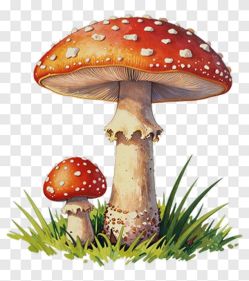 Red Mushroom And Small Mushroom In Grass PNG