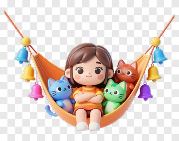 3D Girl Sitting In A Hammock With Colorful Cats PNG