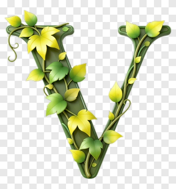 V Letter Decorated With Green Leaves PNG