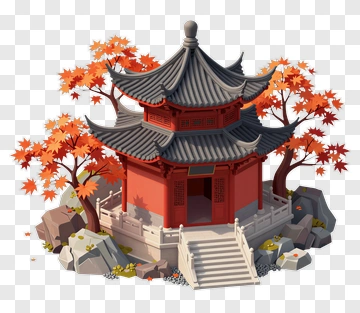 3D Pagoda Surrounded By Autumn Trees PNG