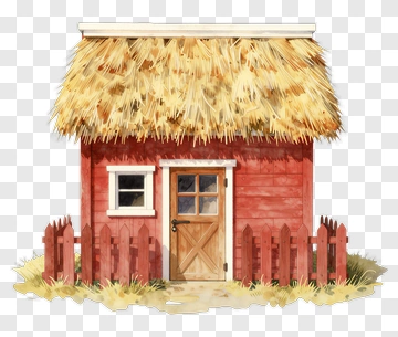 Red Cottage With Thatched Roof And Wooden Fence PNG