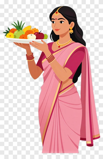 Woman In Pink Saree Holding A Plate Of Fruits PNG