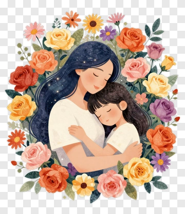 Happy Mother And Daughter Embracing Surrounded By Flowers PNG