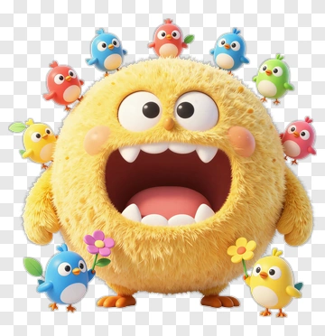 Cartoon Monster Surrounded By Colorful Birds PNG