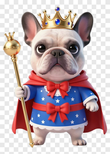 3D French Bulldog Wearing A Crown And Cape PNG