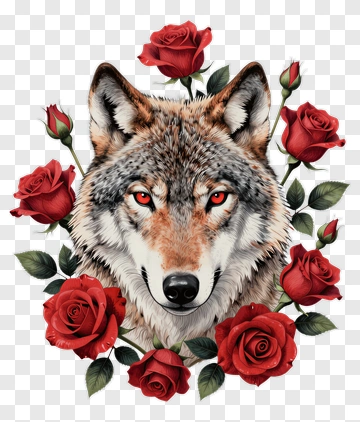 Wolf Surrounded By Red Roses PNG
