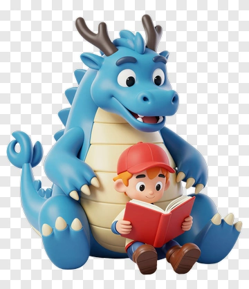 Cartoon Boy Reading With A Friendly Blue Dragon PNG