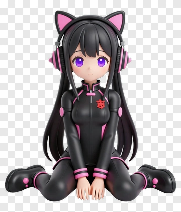 3D Girl With Cat Ears Wearing Headphones PNG