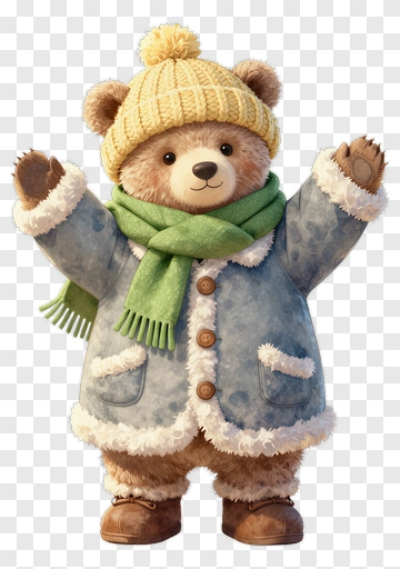 3D Bear Wearing A Winter Coat And Scarf PNG
