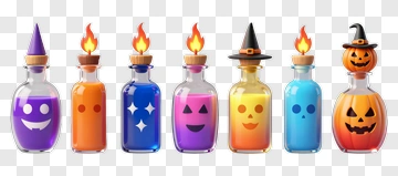 Halloween Potion Bottles With Colorful Labels PNG