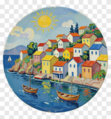 Colorful Coastal Village With Boats And Sun PNG