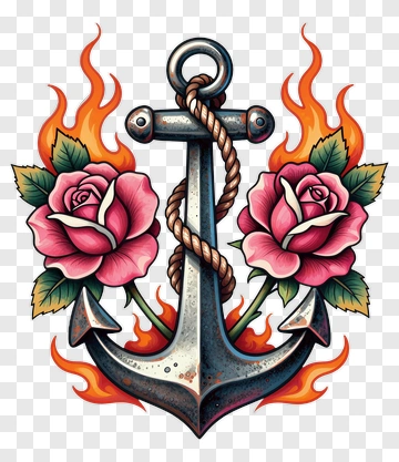 Anchor With Roses And Flames PNG