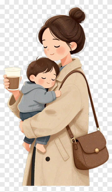 Mother Holding Sleeping Child With Coffee PNG