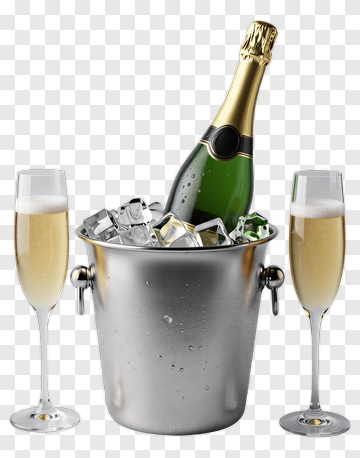 Champagne Bottle In Ice Bucket With Flutes PNG