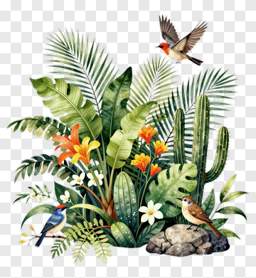Tropical Plants And Birds PNG