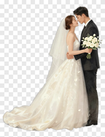 Wedding Couple Embracing With Bouquet PNG