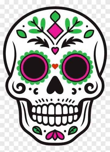 Colorful Sugar Skull With Floral Decorations PNG