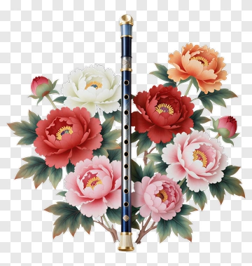 Flute Surrounded By Colorful Flowers PNG