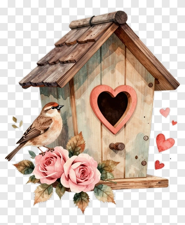 Birdhouse With A Sparrow And Roses PNG