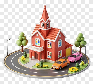3D Model Of A House With Cars And Trees PNG