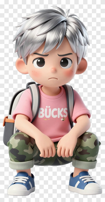 3D Boy Squatting With A Backpack PNG