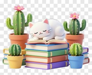 Cartoon Cat Sleeping On A Stack Of Books PNG