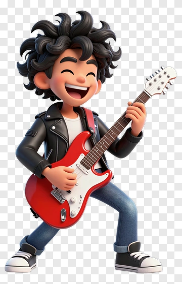 Cartoon Boy Playing A Red Electric Guitar PNG