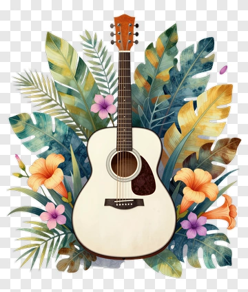 Acoustic Guitar Surrounded By Tropical Leaves And Flowers PNG