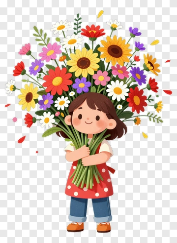 Cartoon Girl Holding A Bouquet Of Flowers PNG