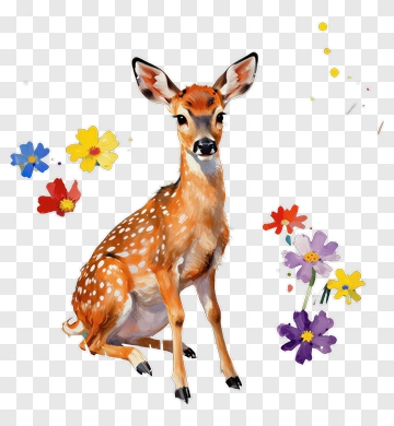 Fawn Sitting Among Colorful Flowers PNG