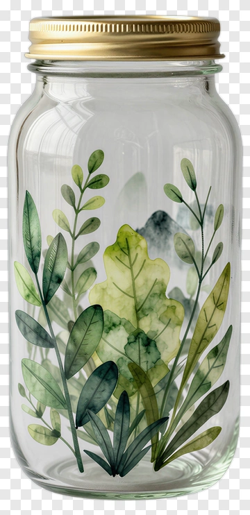 Glass Jar With Green Leaves PNG