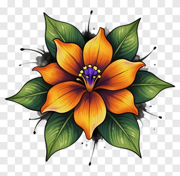 Vibrant Flower With Green Leaves PNG