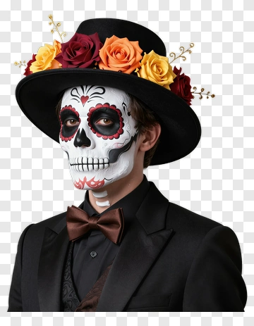 Man With Day Of The Dead Makeup And Floral Hat PNG