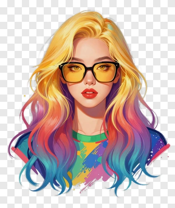 Colorful Woman With Long Hair And Glasses PNG