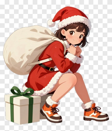 Cartoon Girl In Santa Outfit With Gift Box PNG